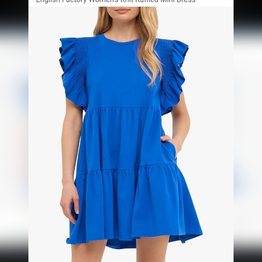 English Factory Royal Blue Ruffle Sleeve Mini Dress Sz M 100% Cotton